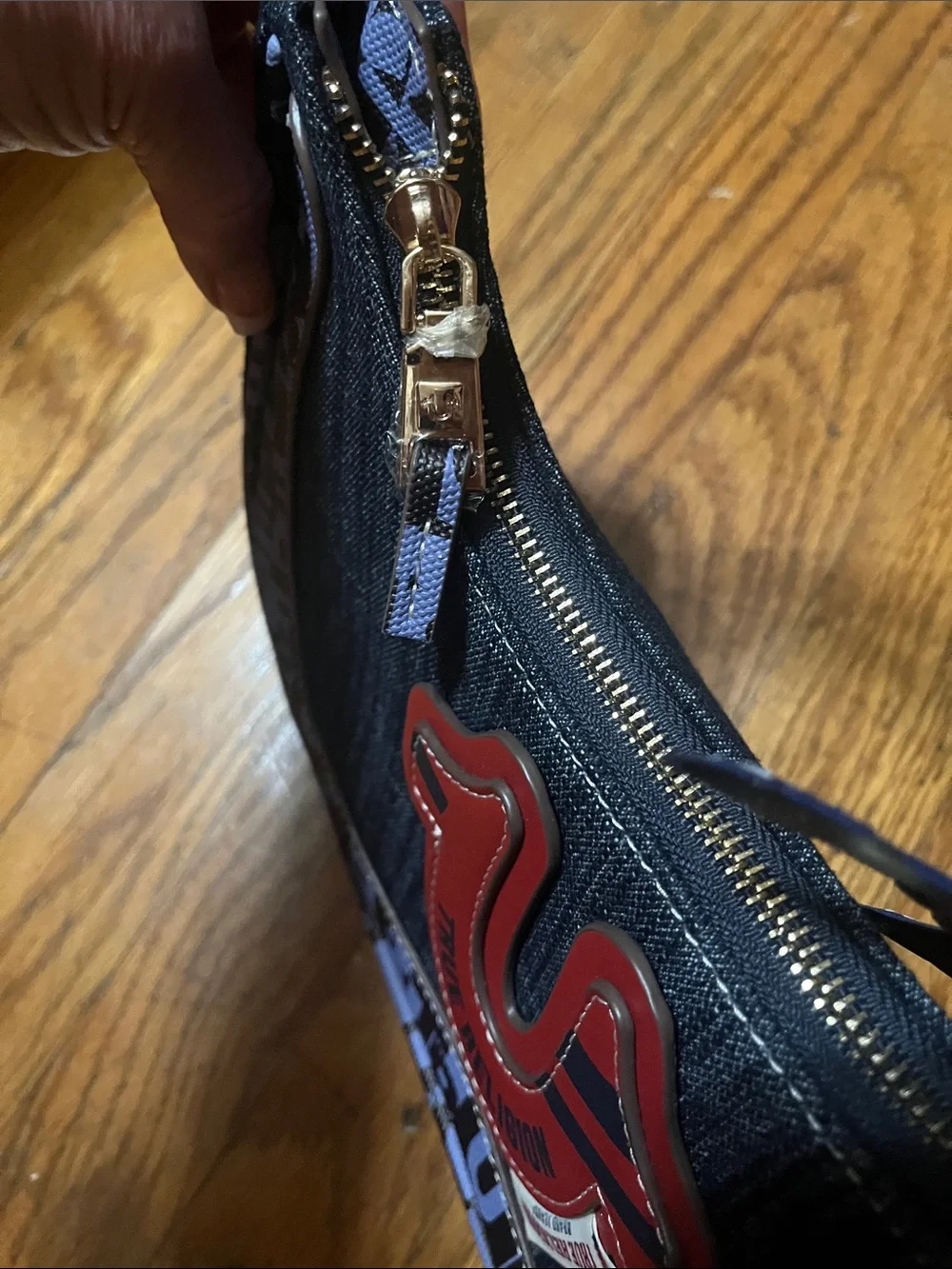 NWT True Religion Denim Shoulder Bag with Red Crest and Two Charms